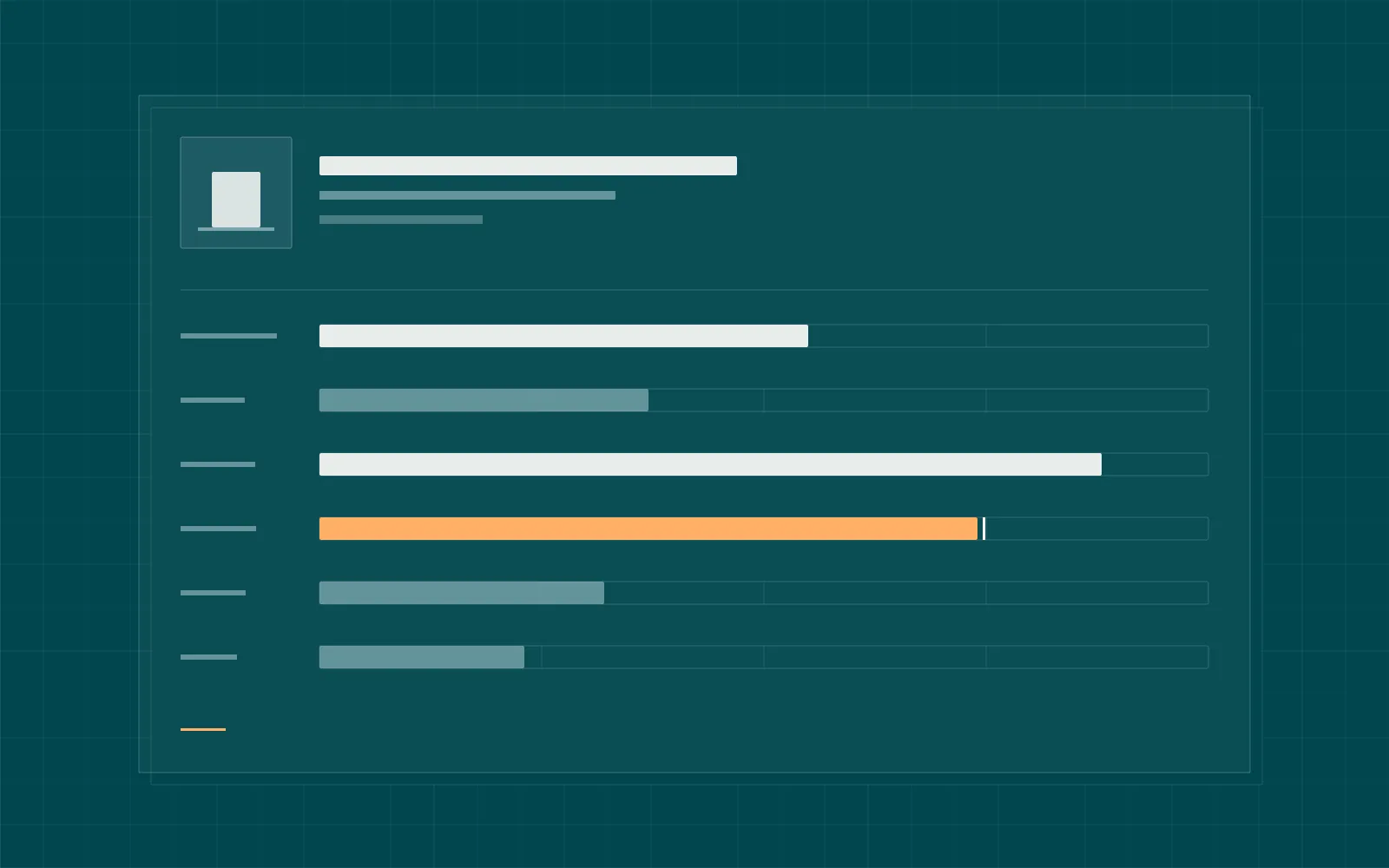 Abstract product record on petrol: attribute rows, most filled, one being completed in orange.