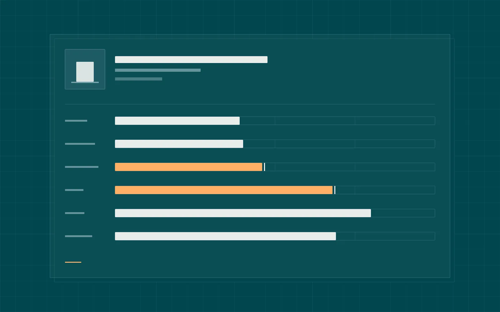 Abstract product record on petrol: attribute rows, most filled, one being completed in orange.